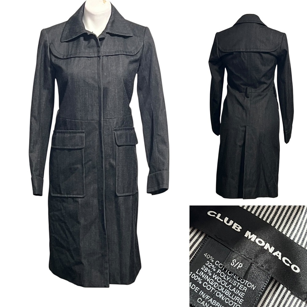 Club Monaco Trench Coat Dark Wash Denim Wool Blend Gray S fall *no belt*